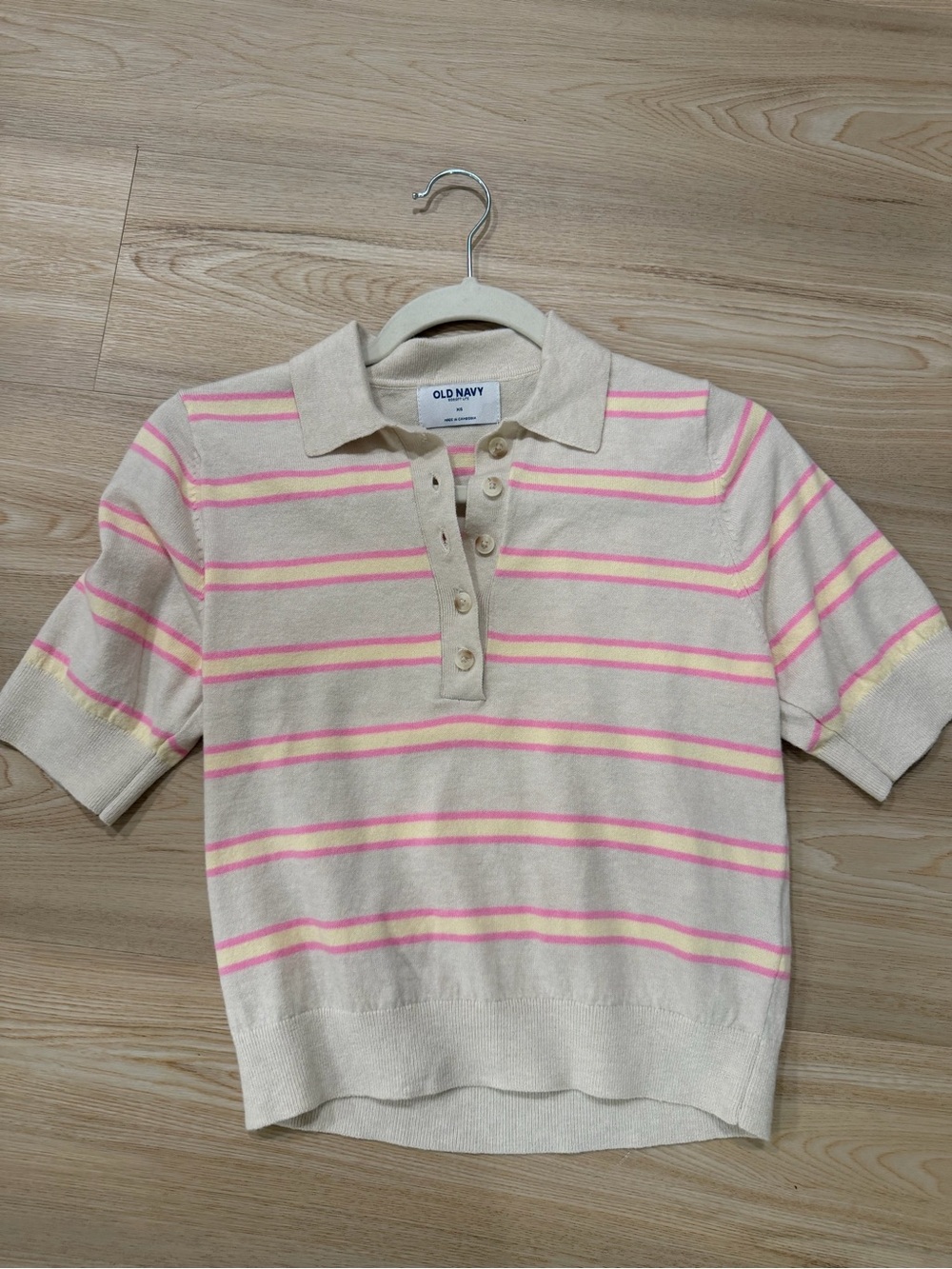 Old Navy Cream Polo Sweater Top with Pink & Yellow Stripes
